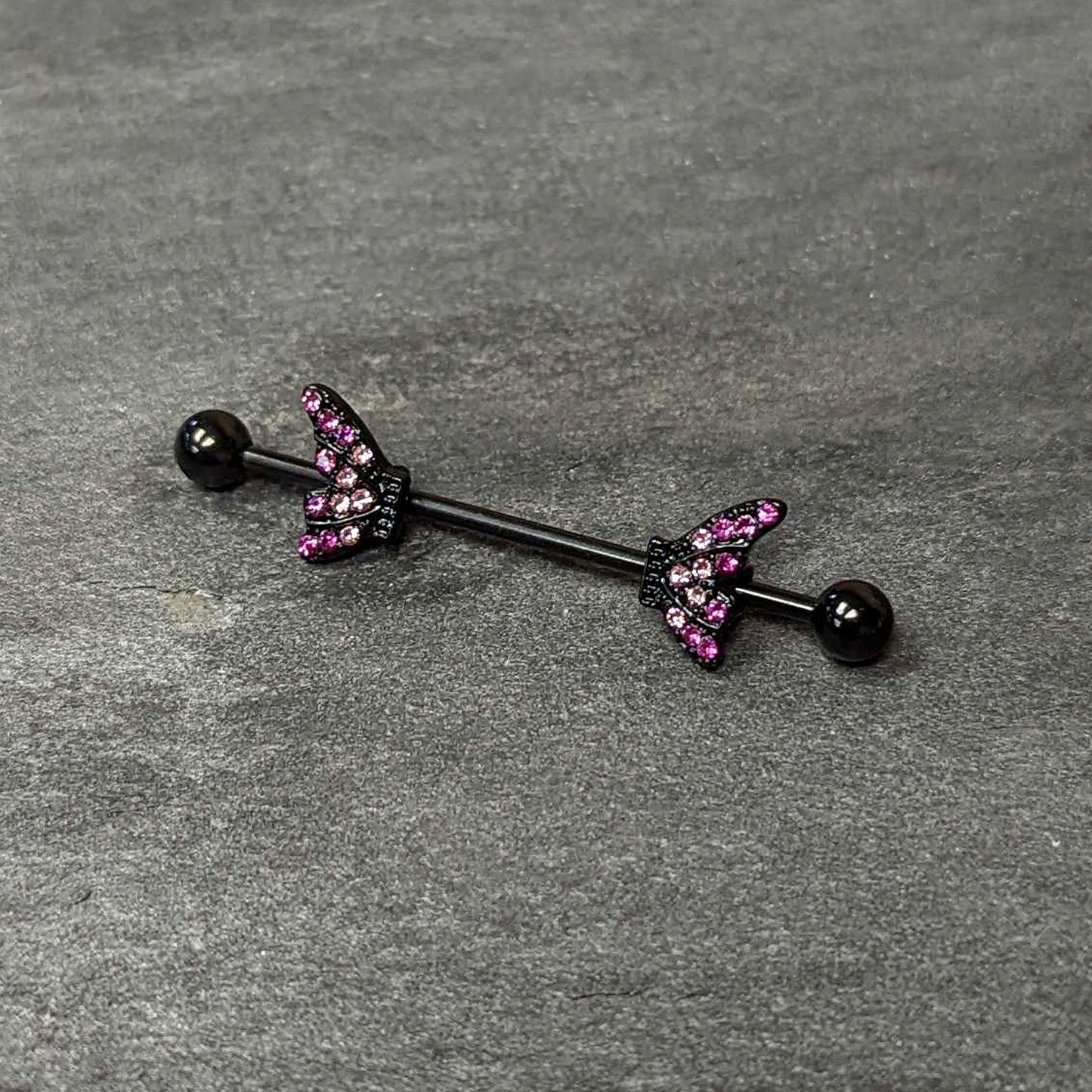 14 Gauge Pink Gem Black Moveable Wing Butterfly Industrial Barbell 38mm