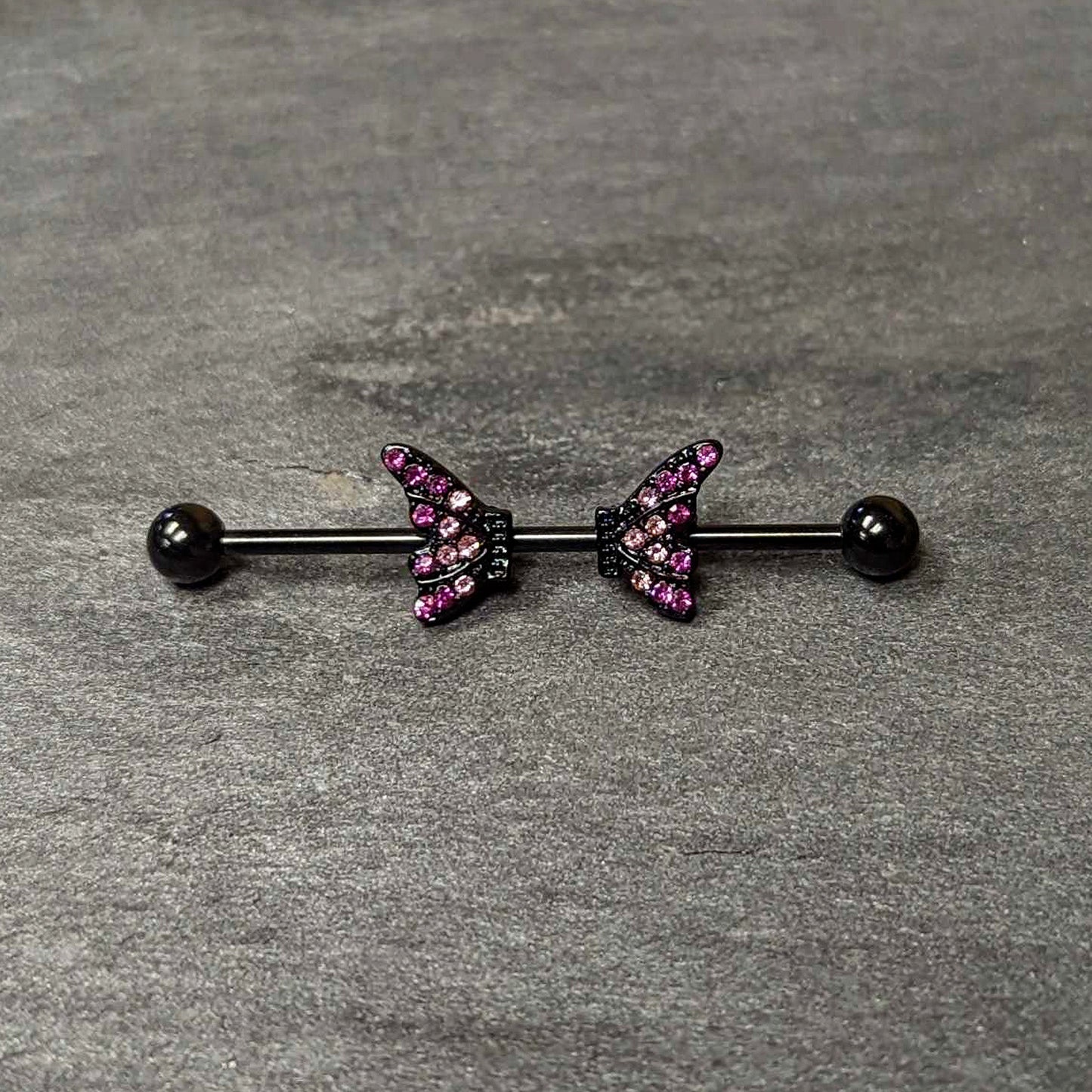 14 Gauge Pink Gem Black Moveable Wing Butterfly Industrial Barbell 38mm