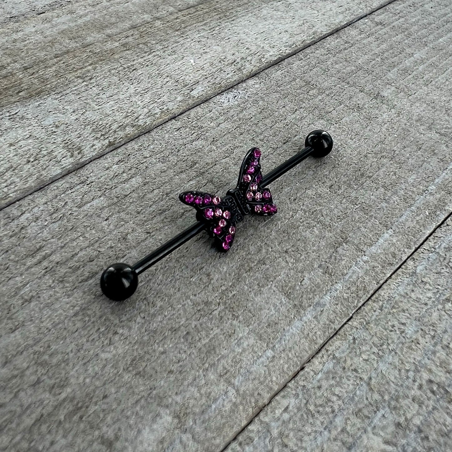 14 Gauge Pink Gem Black Moveable Wing Butterfly Industrial Barbell 38mm