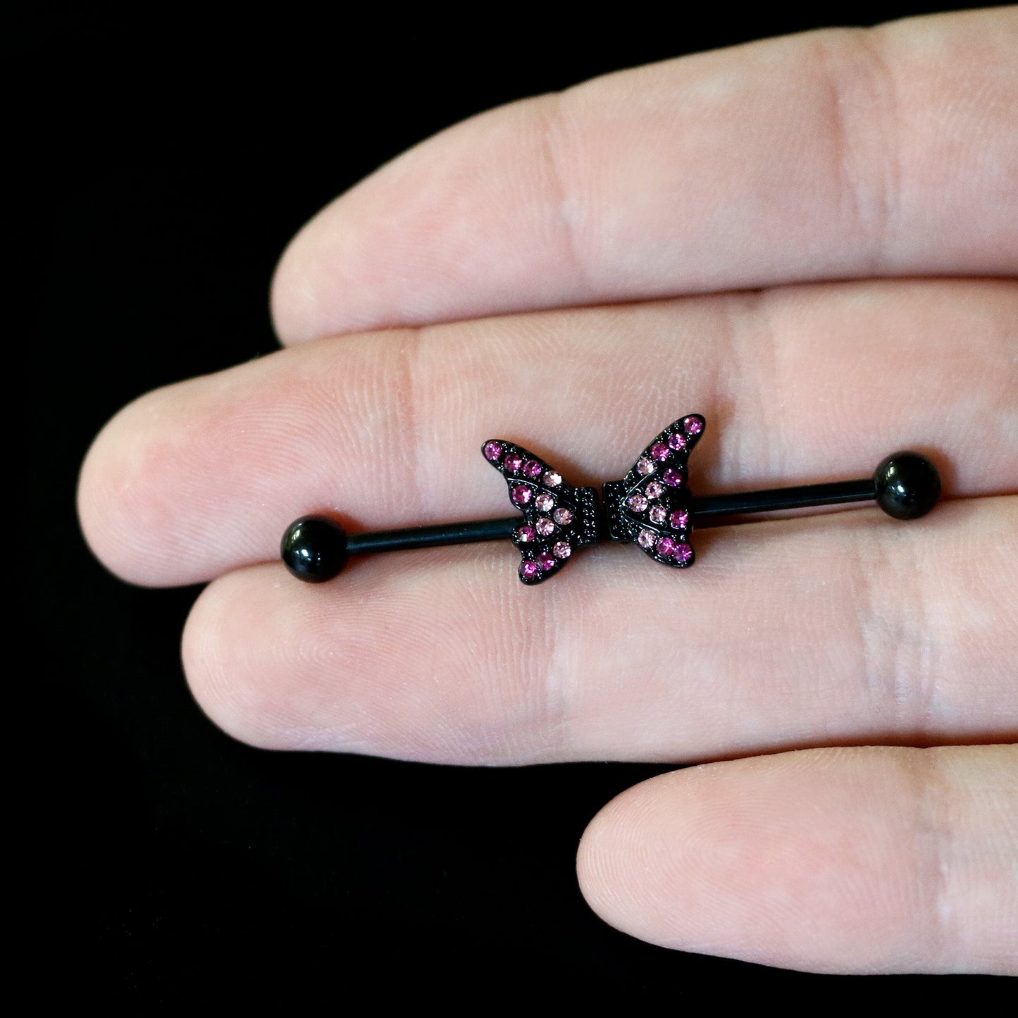 14 Gauge Pink Gem Black Moveable Wing Butterfly Industrial Barbell 38mm