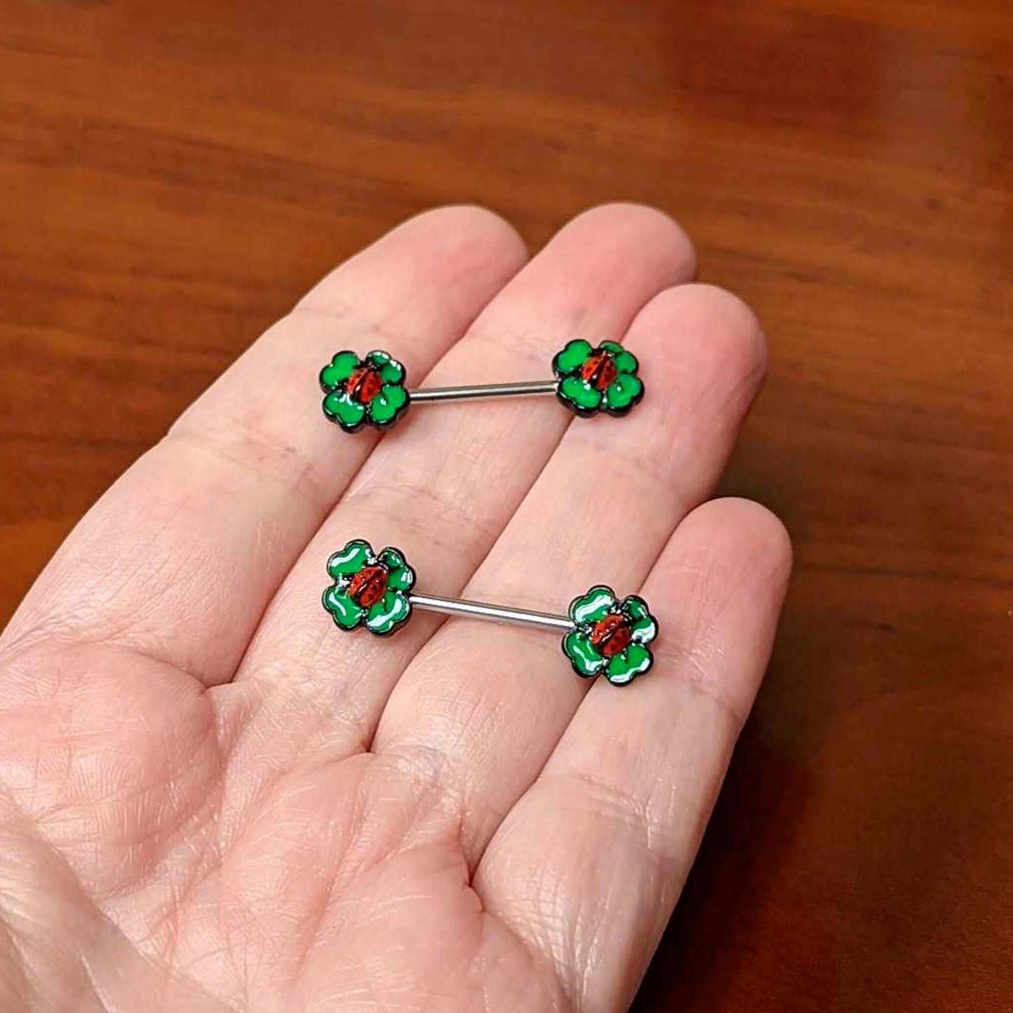 14 Gauge 9/16 Ladybug Shamrock St Patricks Day Barbell Nipple Ring Set