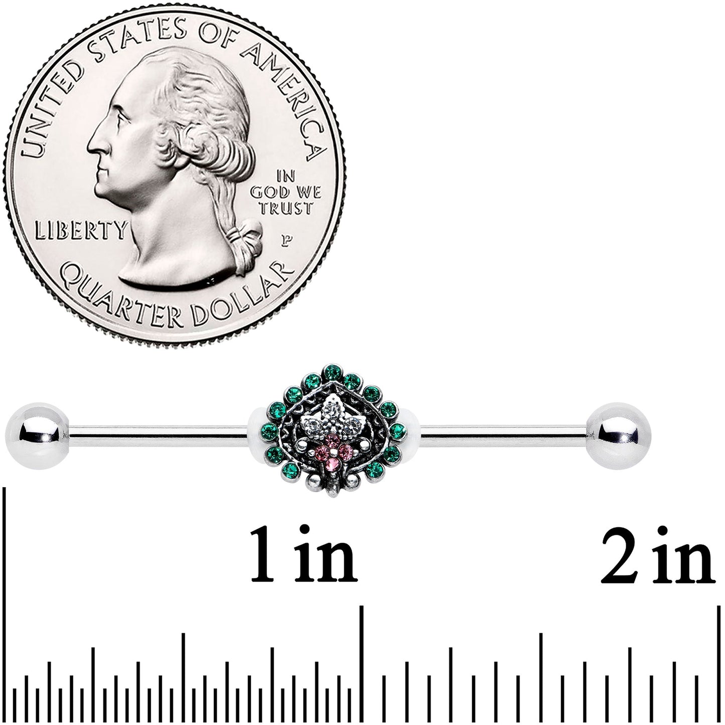 14 Gauge Pink Green Gem Stylized Leaf Industrial Barbell 38mm