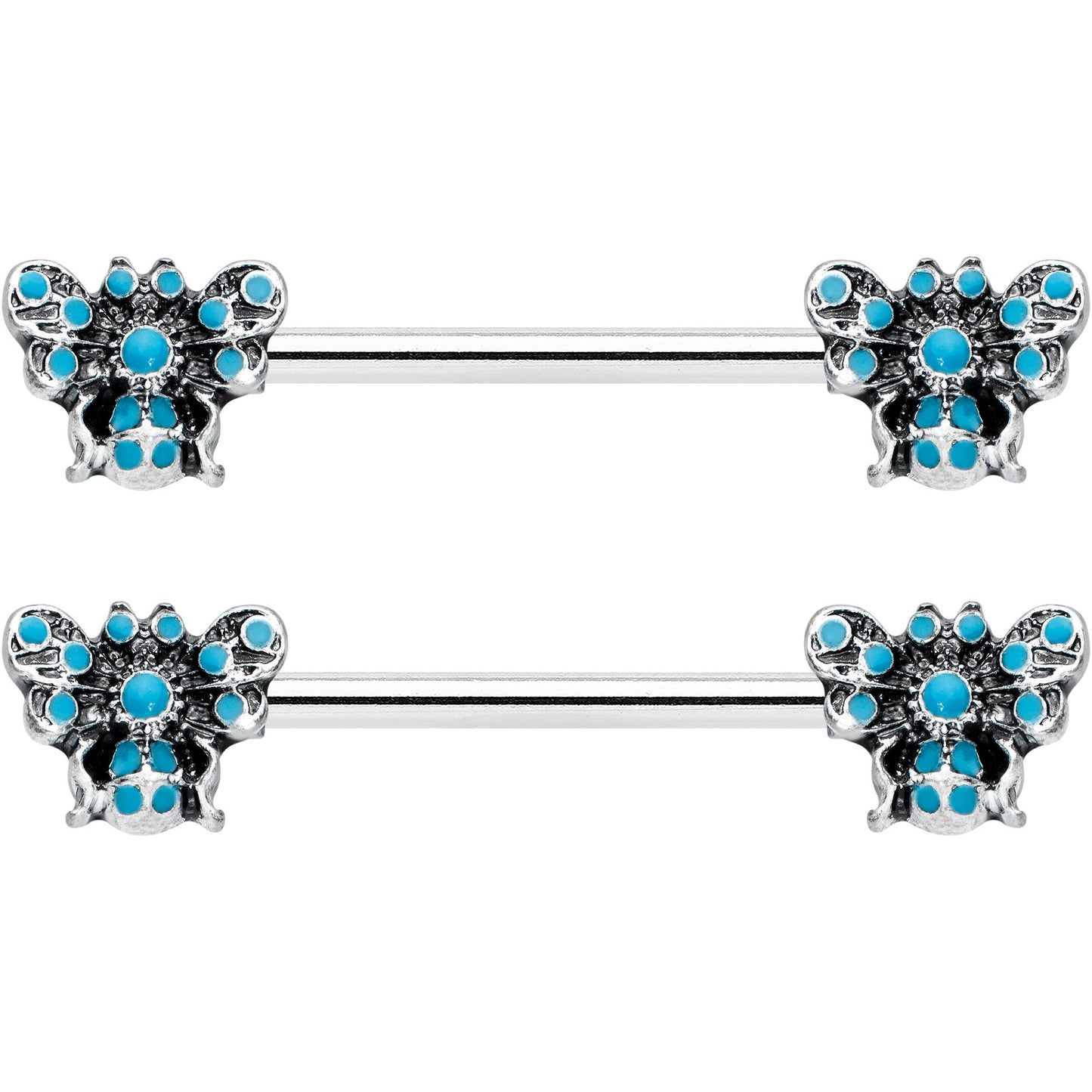 14 Gauge 9/16 Textured Blue Butterfly Barbell Nipple Ring Set