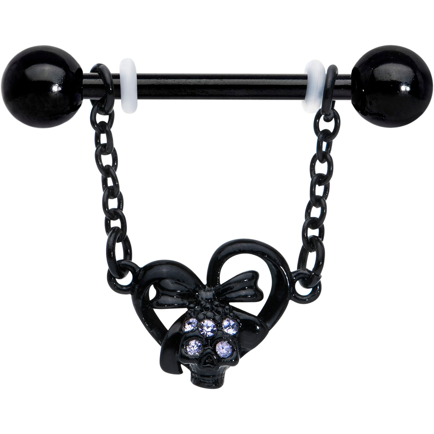 14 Gauge 9/16 Clear Gem Black Skull Bow Heart Dangle Nipple Ring Set