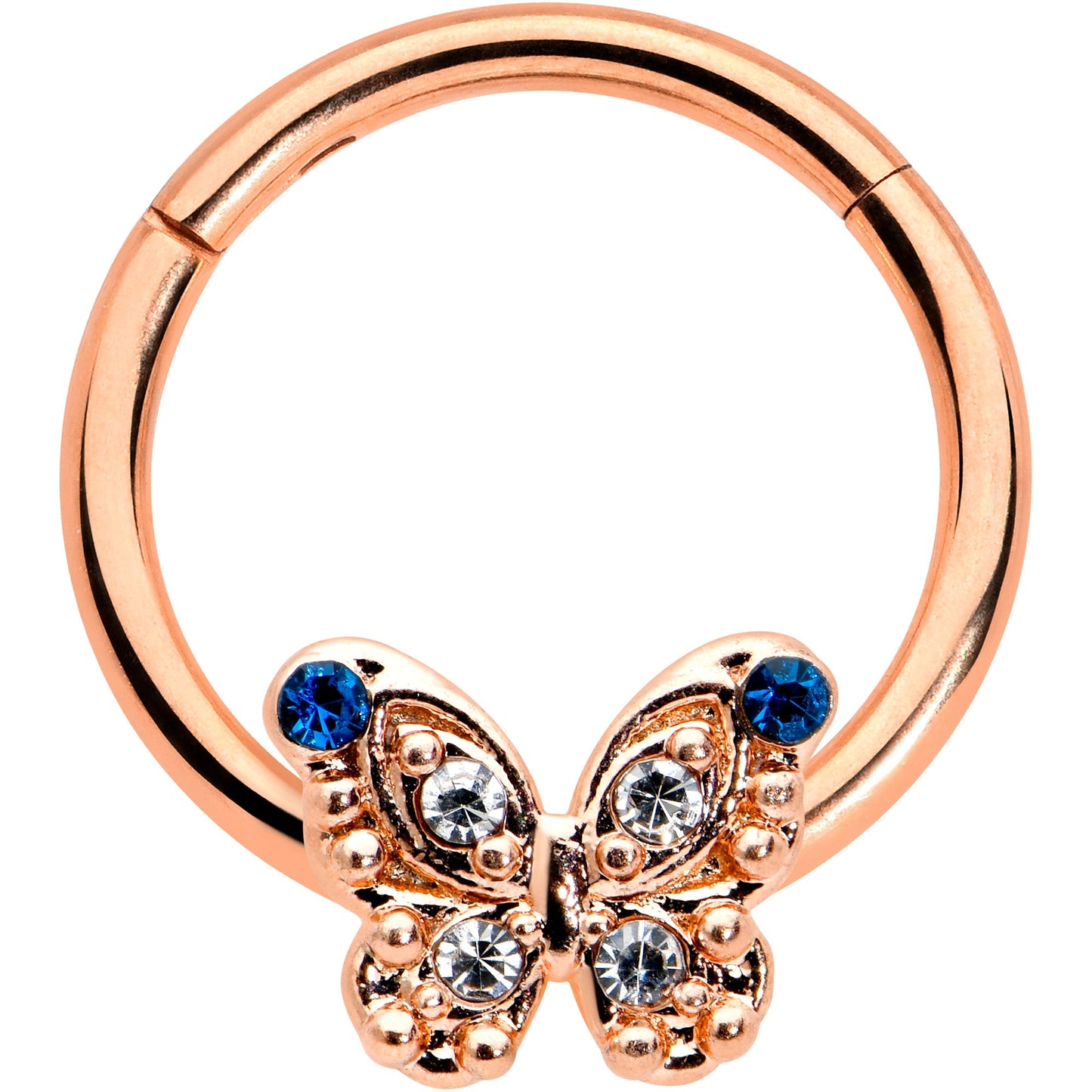16 Gauge 3/8 Blue Gem Rose Gold Tone Butterfly Hinged Segment Ring