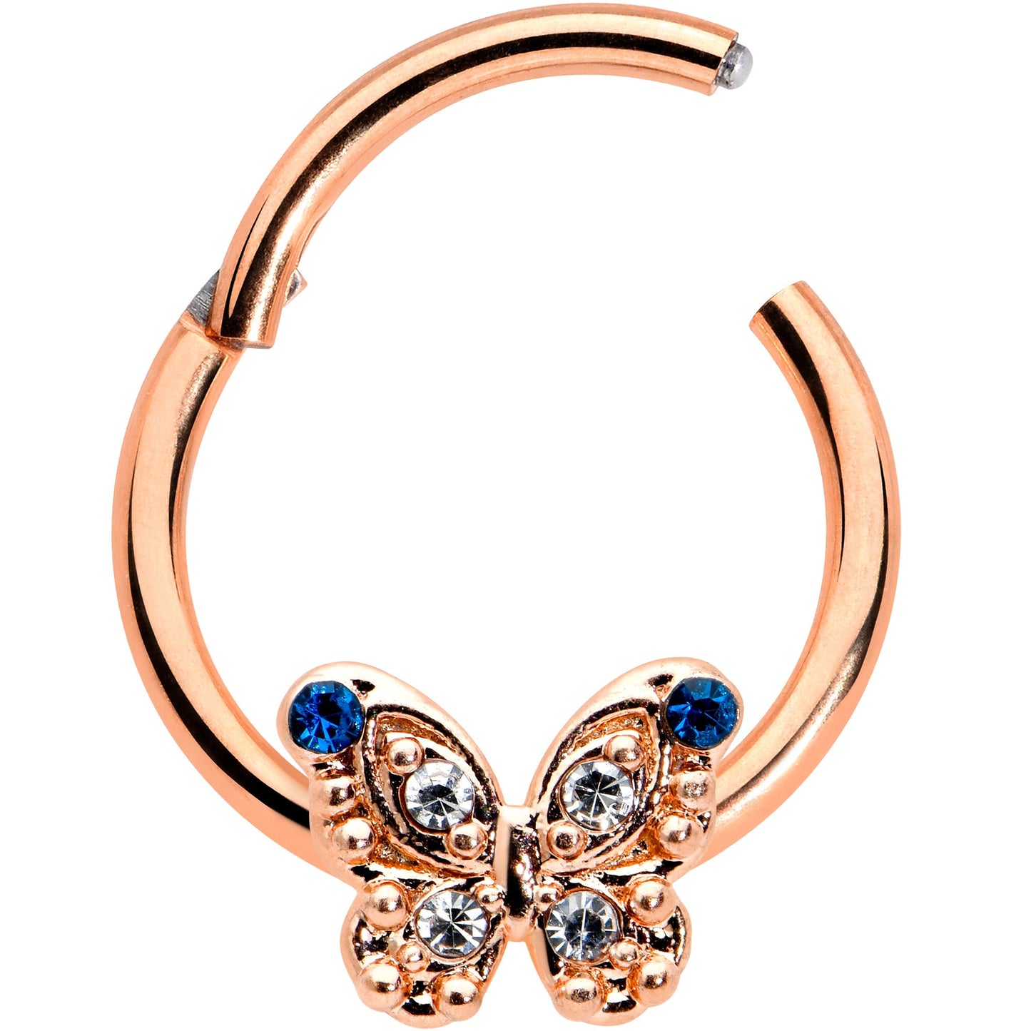 16 Gauge 3/8 Blue Gem Rose Gold Tone Butterfly Hinged Segment Ring