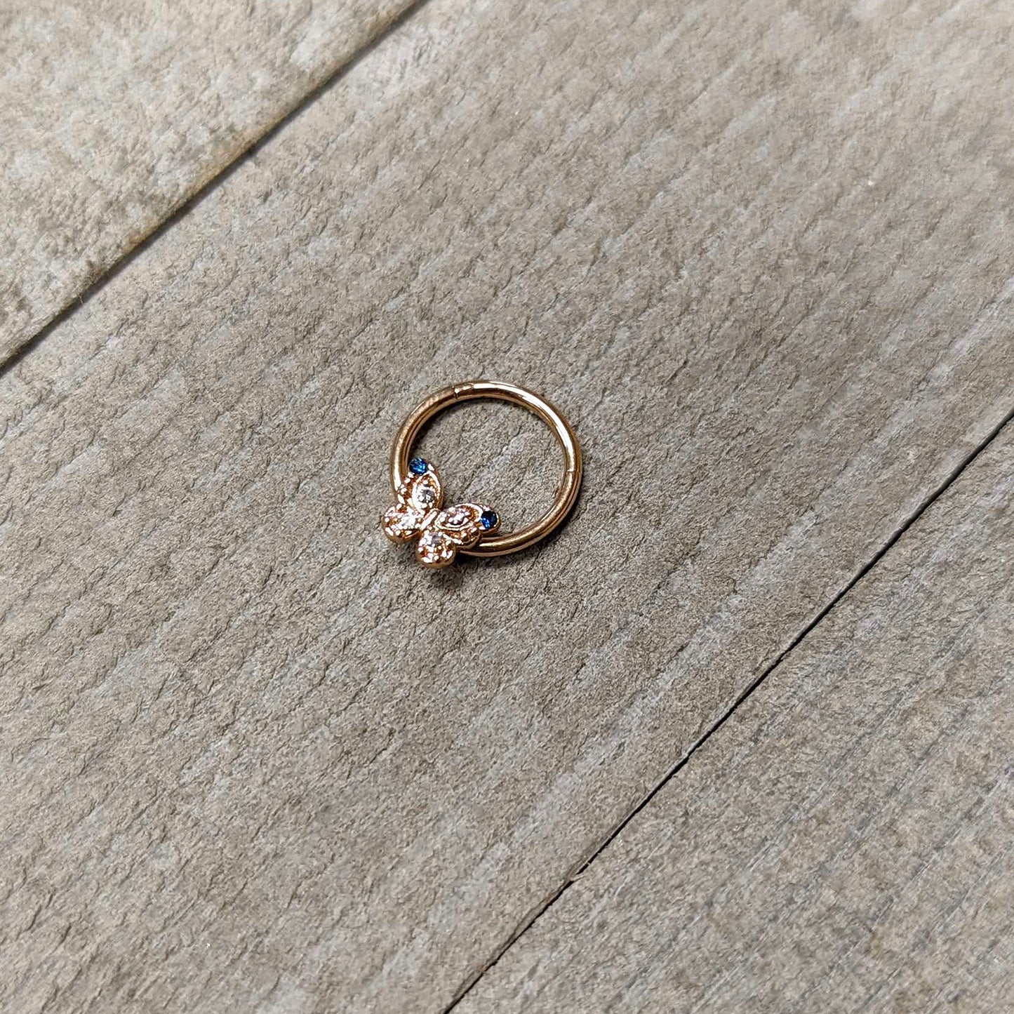 16 Gauge 3/8 Blue Gem Rose Gold Tone Butterfly Hinged Segment Ring