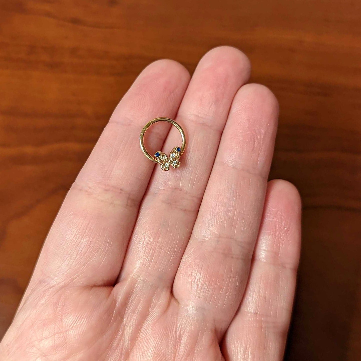 16 Gauge 3/8 Blue Gem Rose Gold Tone Butterfly Hinged Segment Ring