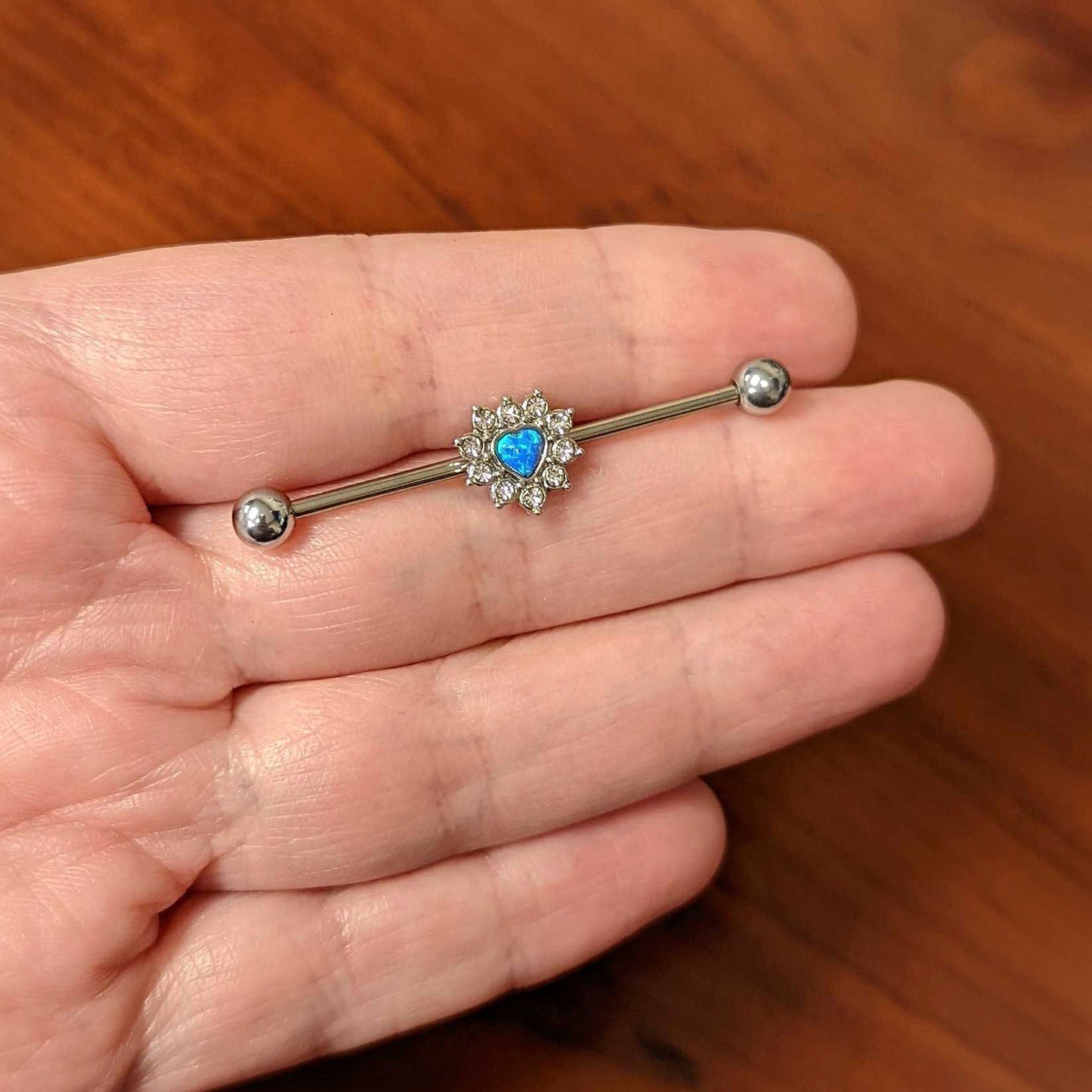 14 Gauge Blue Synthetic Opal Sun Heart Industrial Barbell 38mm
