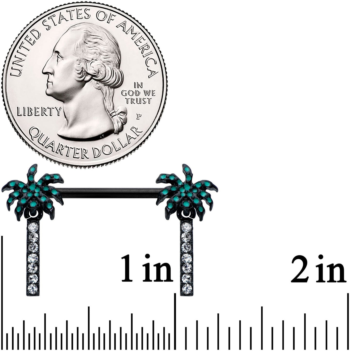 14 Gauge 9/16 Clear Gem Black Night Palm Tree Dangle Nipple Ring Set