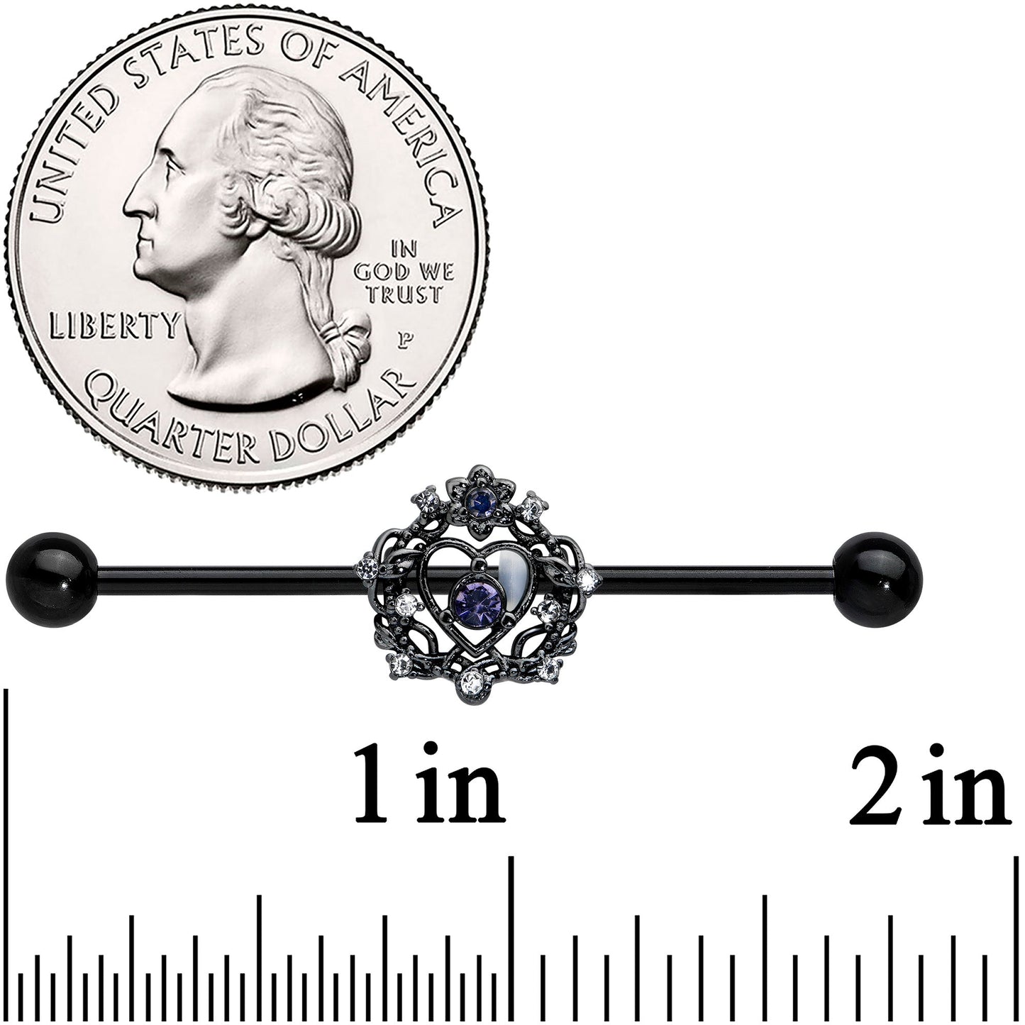 14 Gauge Purple Gem Black Regal Crown Heart Industrial Barbell 38mm