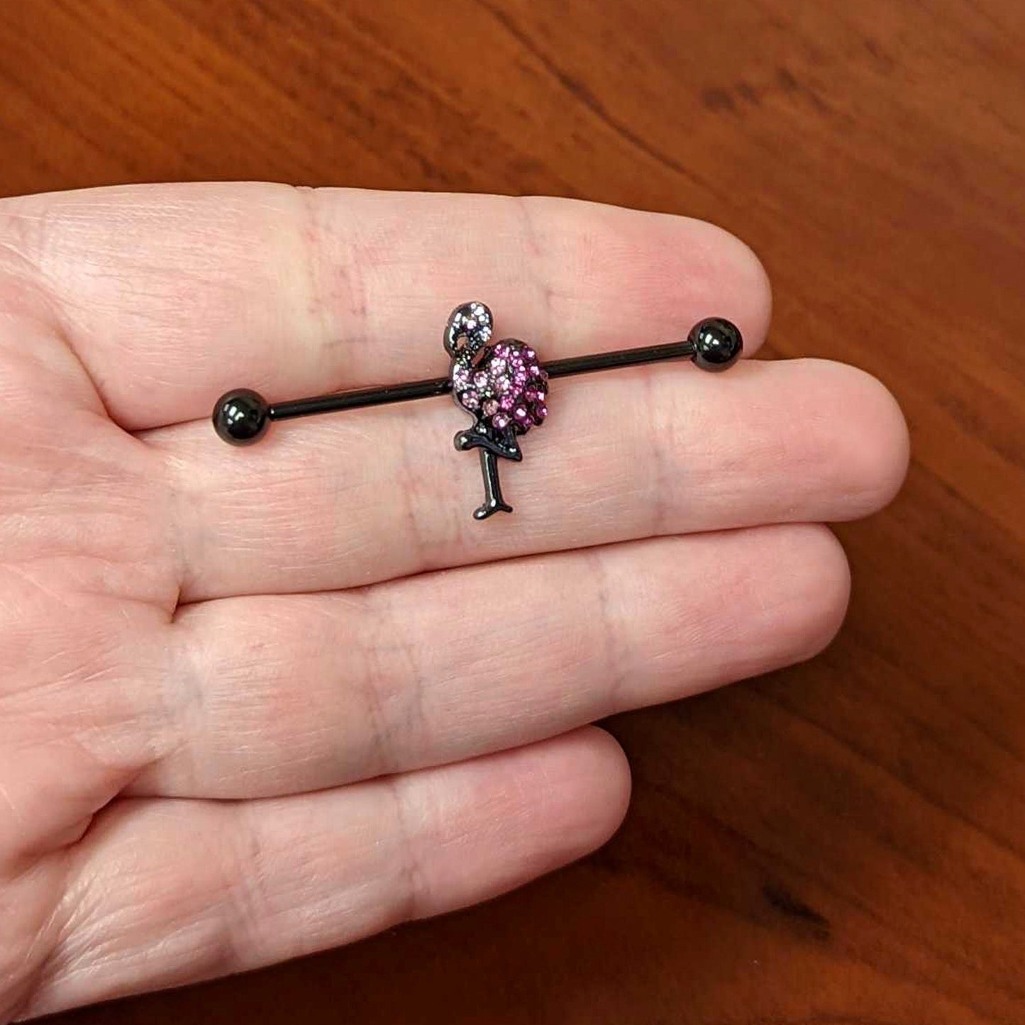 14 Gauge Pink Gem Black Fashion Flamingo Industrial Barbell 38mm
