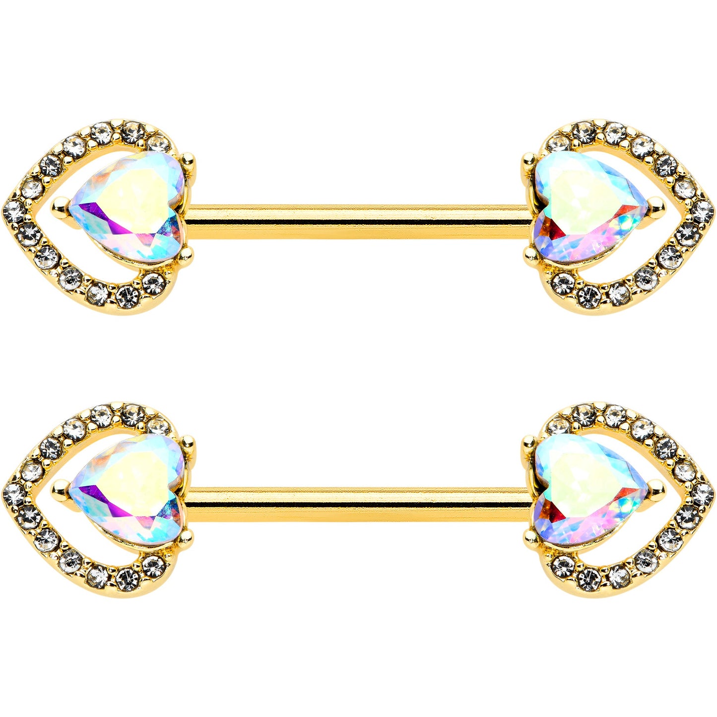 14 Gauge 9/16 Aurora Gem Gold Hue Rococo Heart Barbell Nipple Ring Set