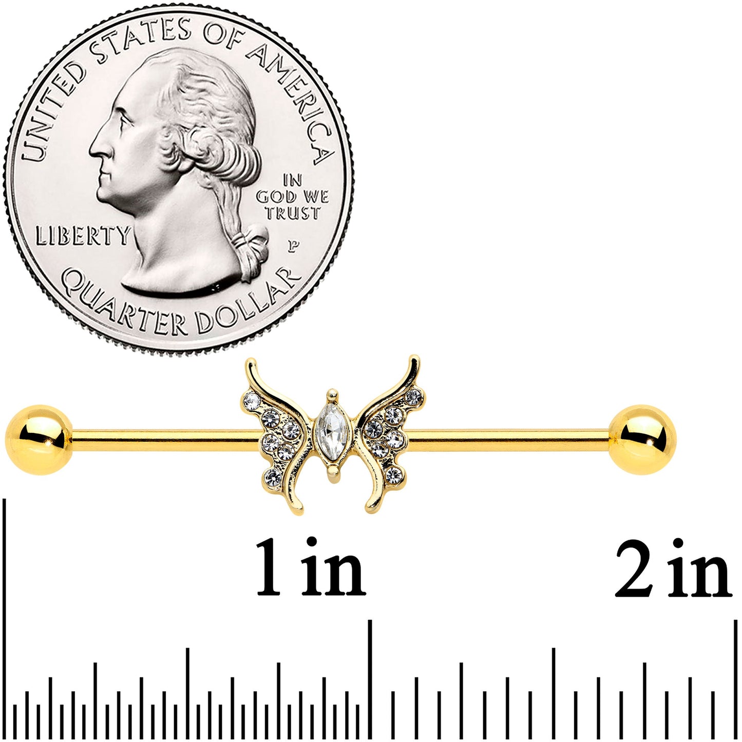 14 Gauge Clear Gem Gold Tone Swirl Butterfly Industrial Barbell 38mm