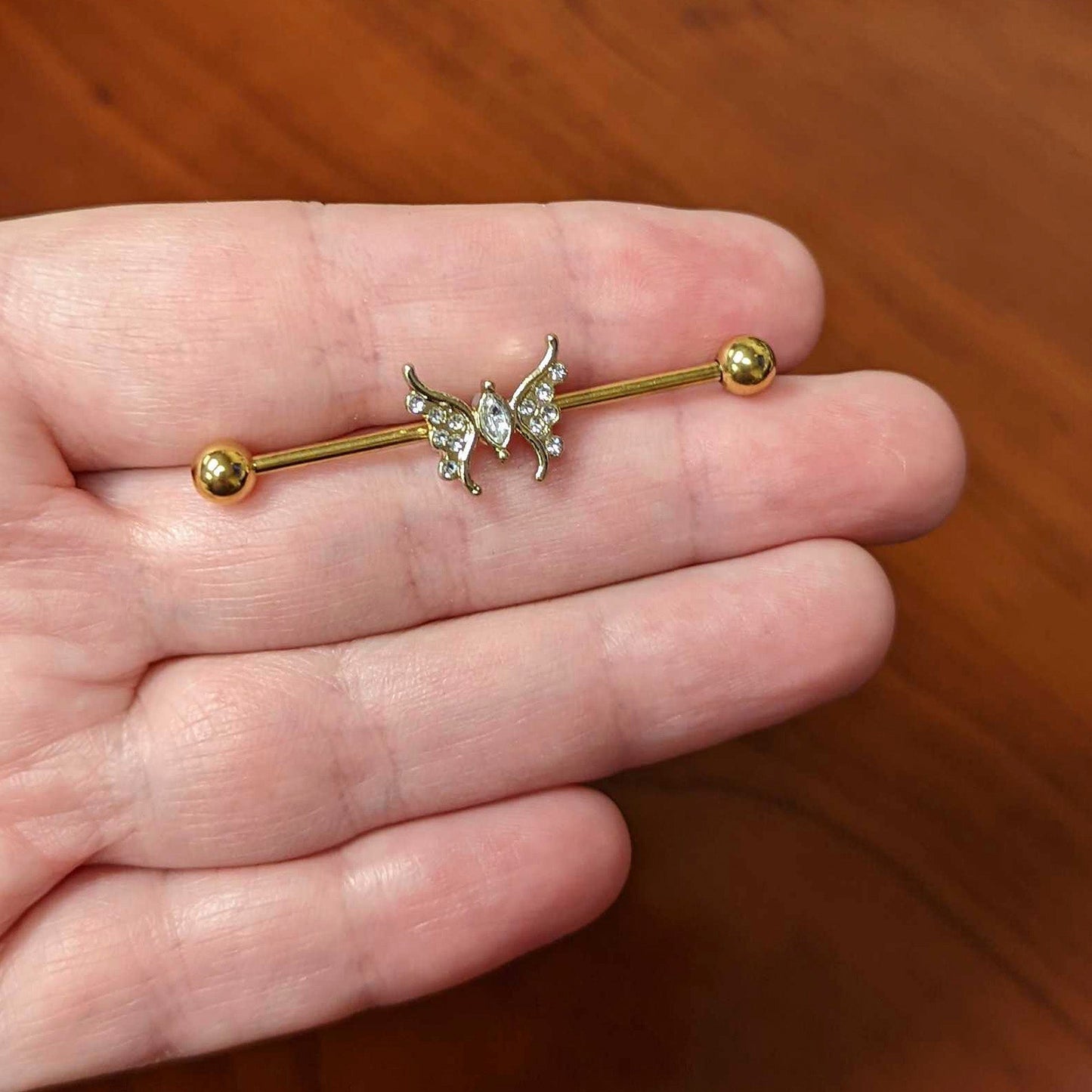 14 Gauge Clear Gem Gold Tone Swirl Butterfly Industrial Barbell 38mm