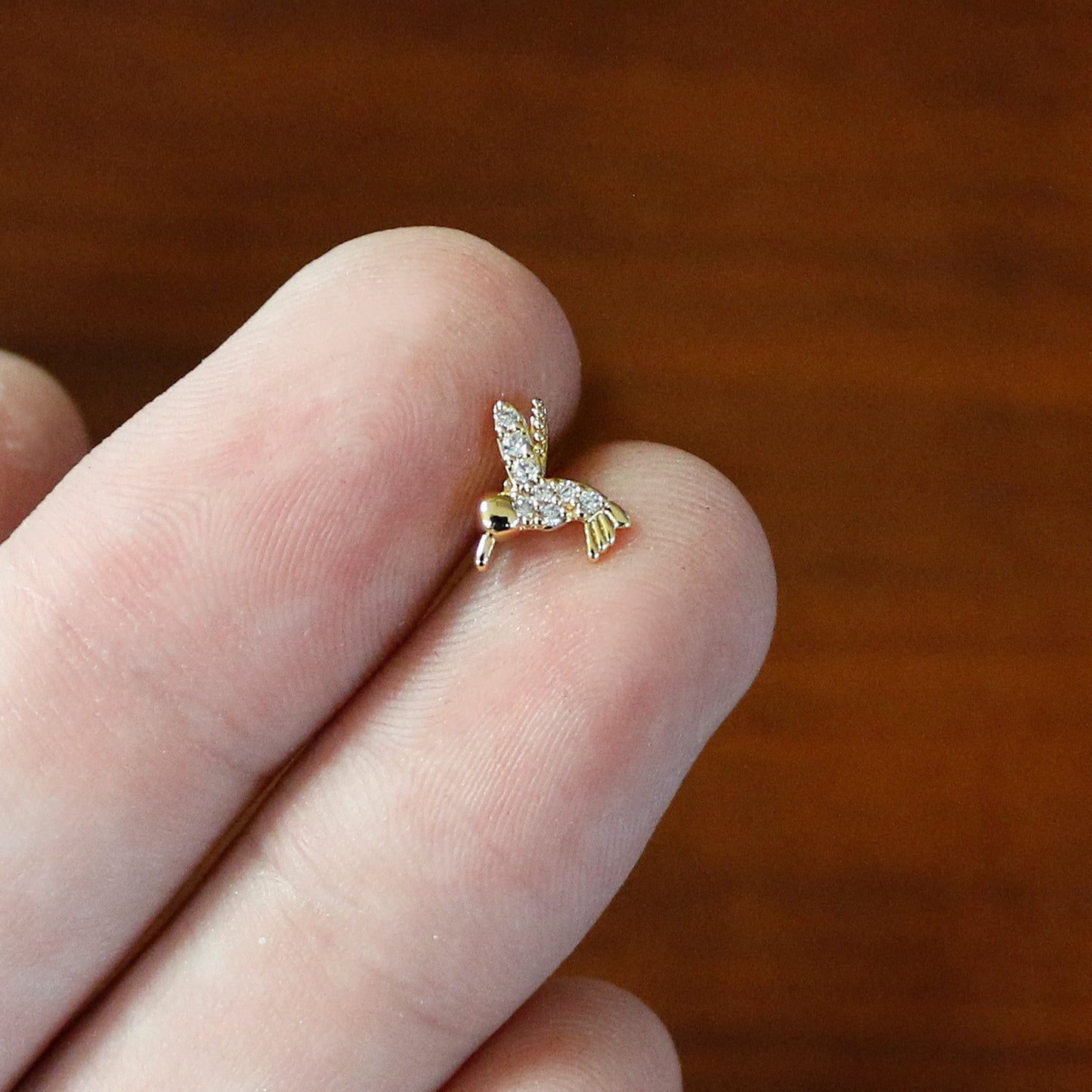 16 Gauge 1/4 Clear CZ Gem Gold Tone Interal Thread Hummingbird Labret