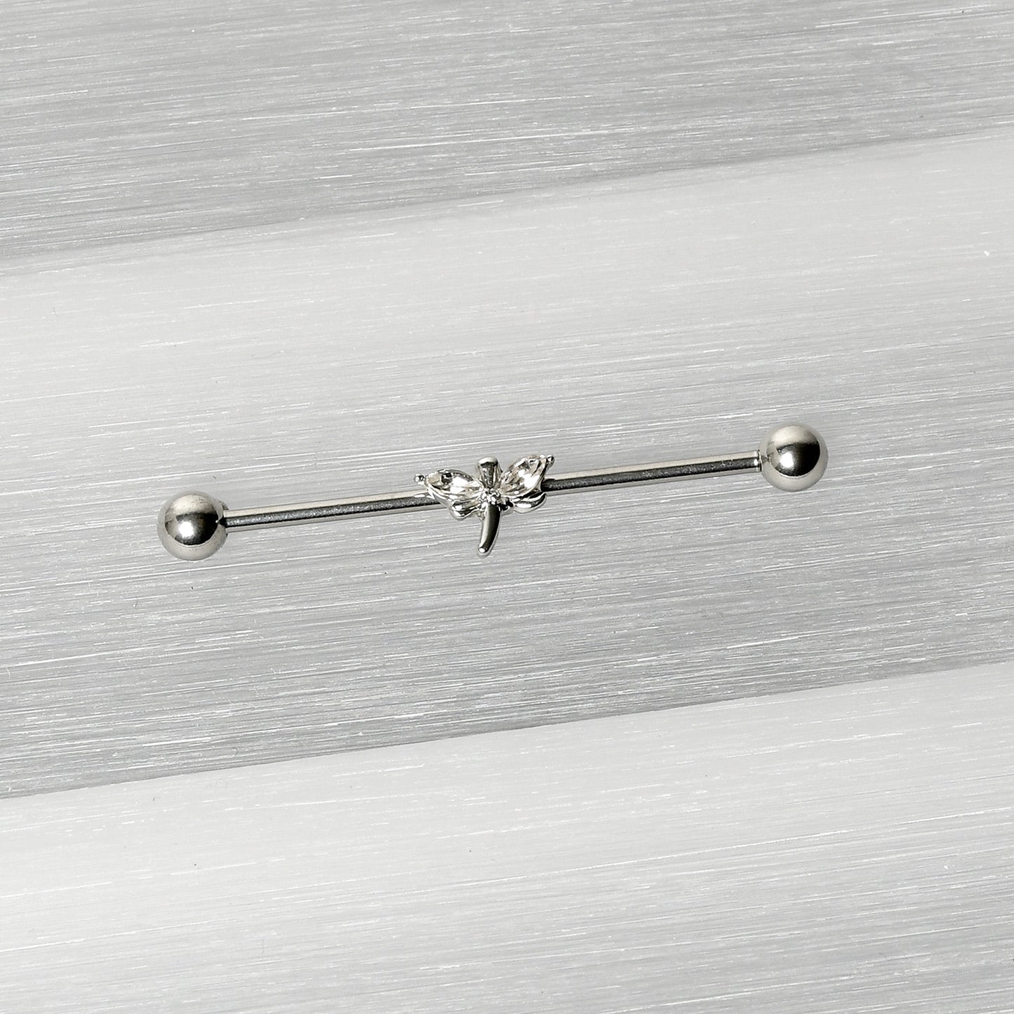 14 Gauge Clear Gem Simple Stylized Dragonfly Industrial Barbell 38mm