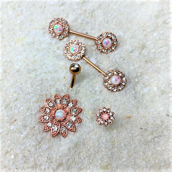 14 Gauge 9/16 White Faux Opal Rose Gold Tone Wreath Nipple Ring Set