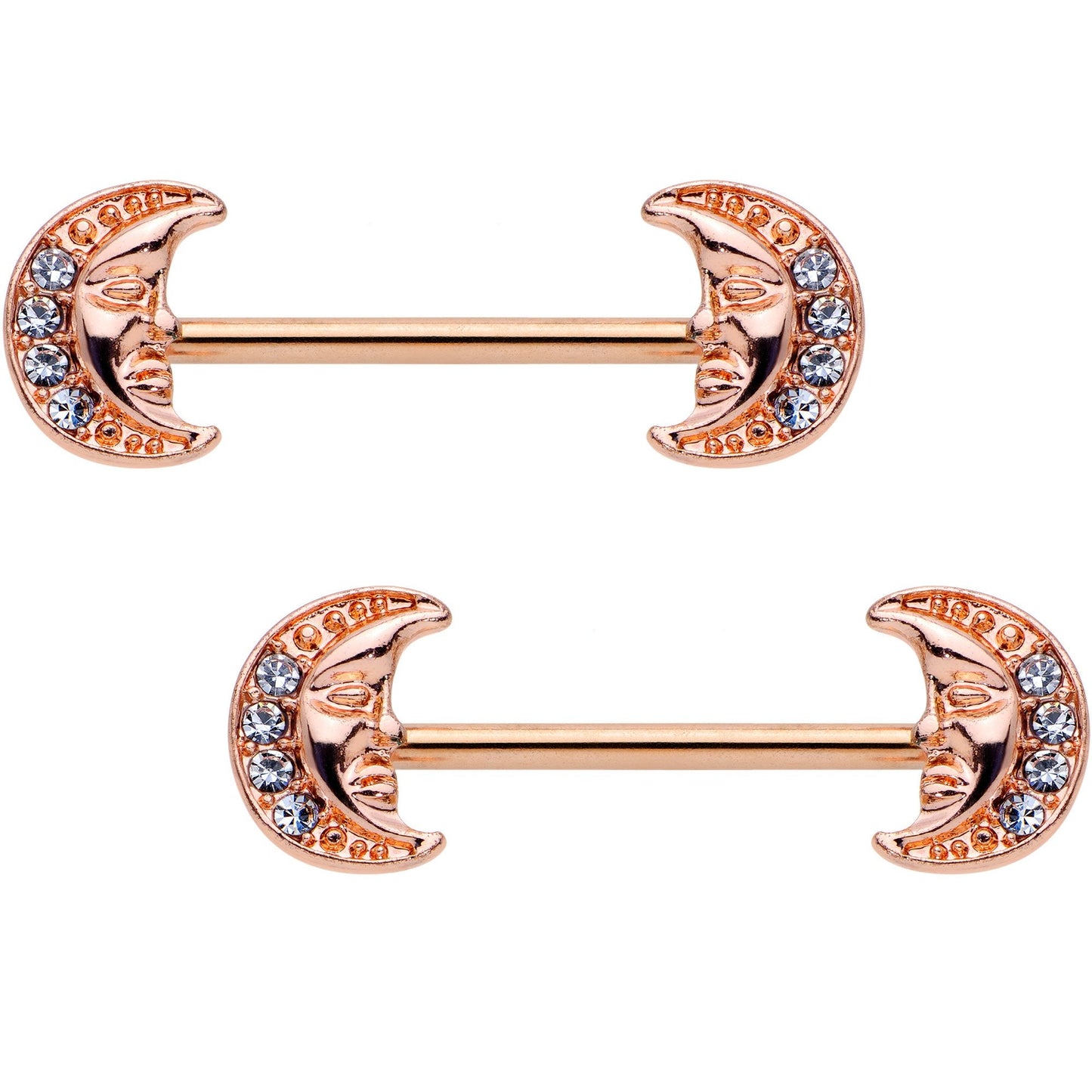5/8 Clear Gem Rose Gold Tone Anodized Moon Barbell Nipple Ring Set