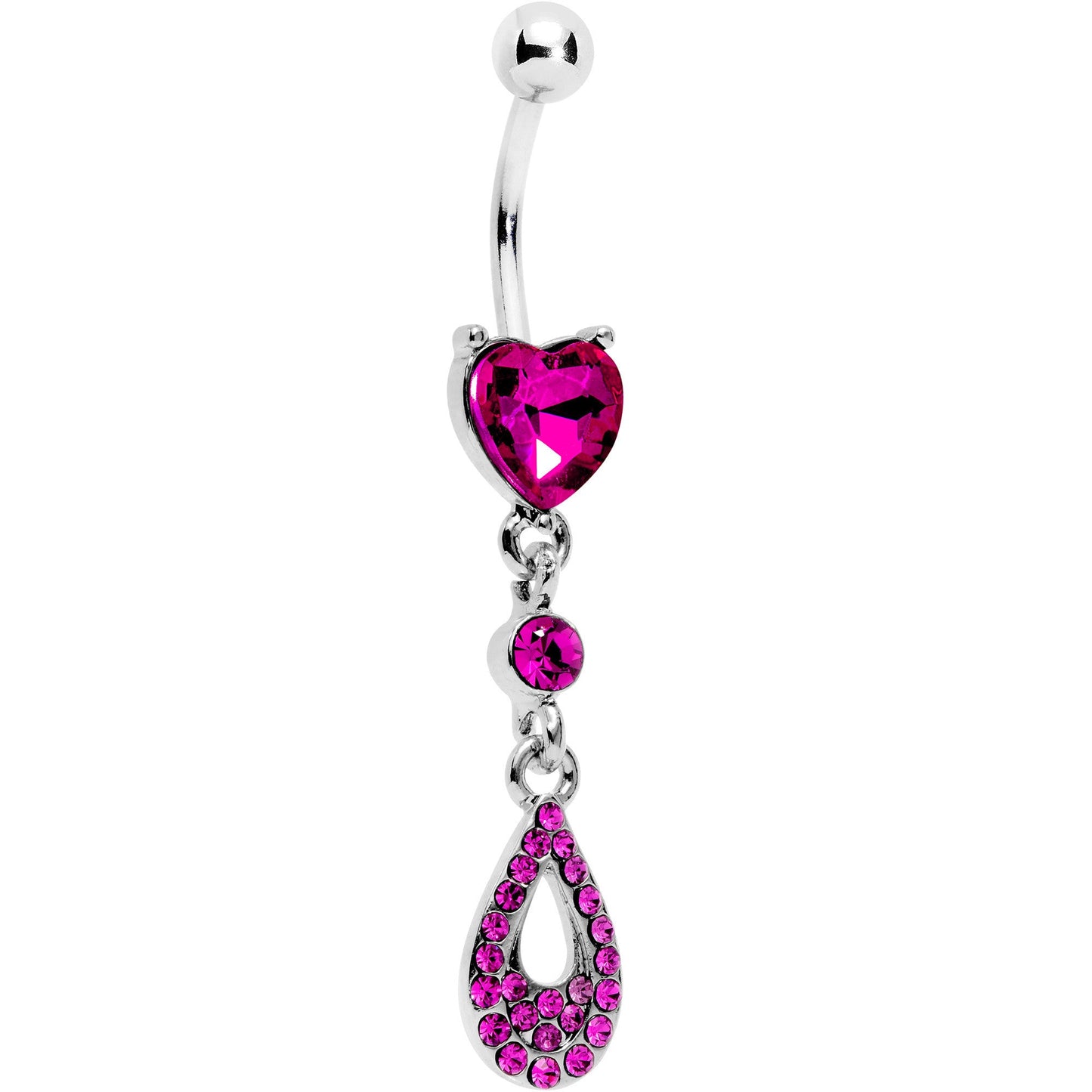 Pink CZ Gem Valentine Dew Drop Heart Dangle Belly Ring