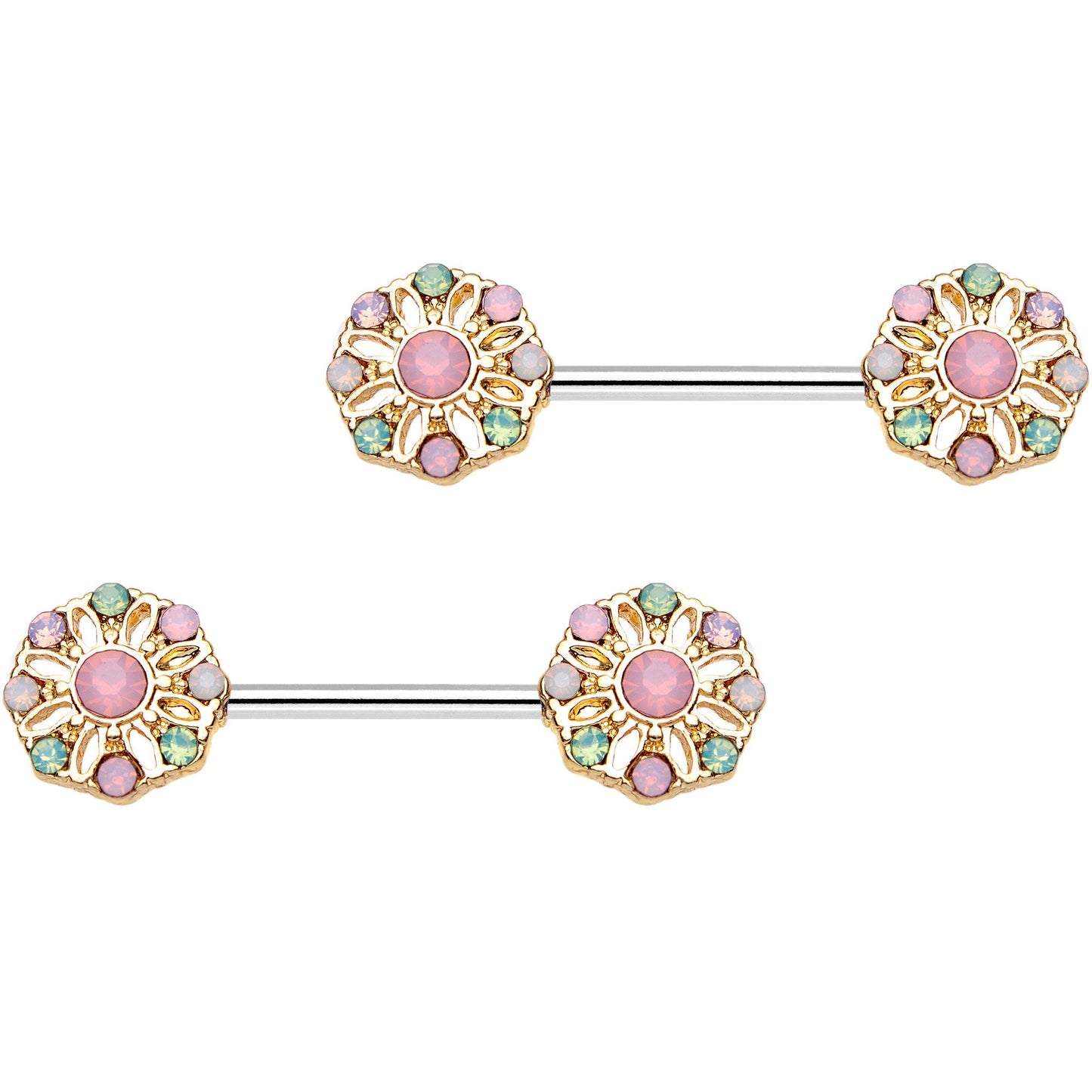 14 Gauge 5/8" Pink Gem Rounded Flower Barbell Nipple Ring Set