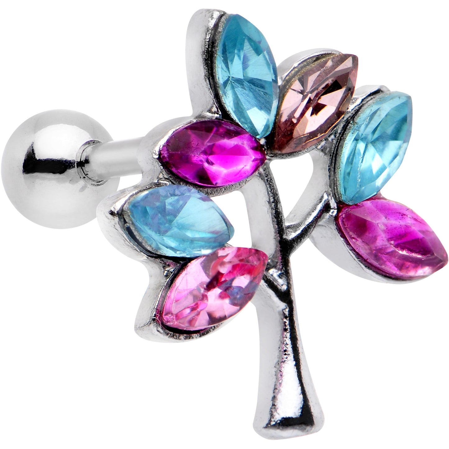 16 Gauge 1/4 Pink Blue Gem Joyful Tree Cartilage Tragus Earring