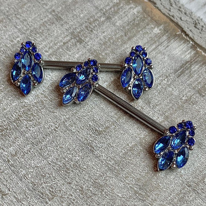 14 Gauge 9/16 Blue CZ Gem Fountain Barbell Nipple Ring Set