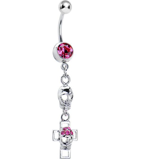 Pink Gem Hollow Cross Skull Belly Ring