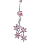 Pink Gem Paved Flowers Drop Belly Ring