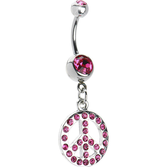 Pink Cubic Zirconia Peace Sign Dangle Belly Ring
