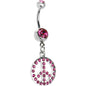 Pink Cubic Zirconia Peace Sign Dangle Belly Ring