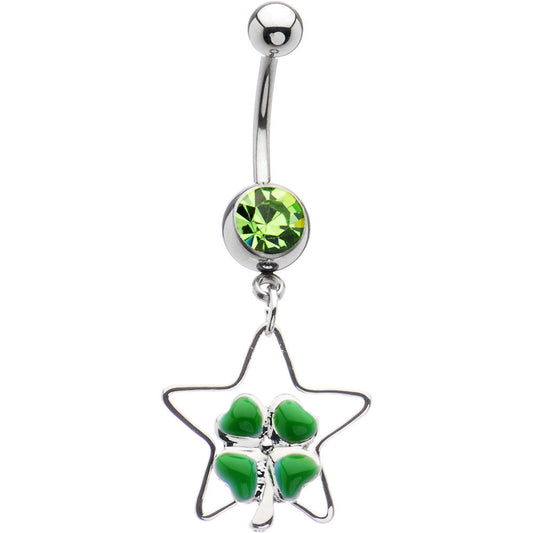 Peridot Green Gem Hollow Star Clover Belly Ring