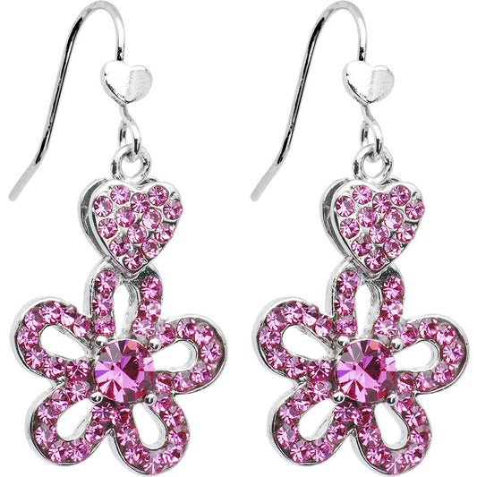 Perfect Pink Crystal Heart and Posy Flower Earrings