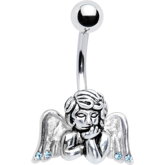 Silver Aqua Winged Angel Belly Ring Created with Crystals