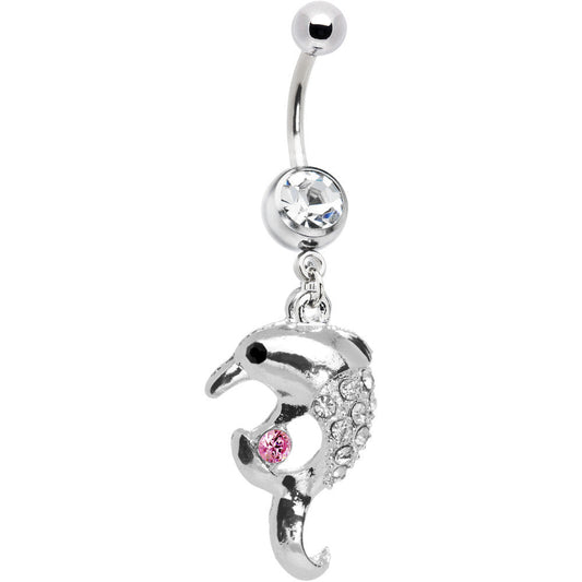 Clear Pink Gem Splash Dolphin Belly Ring