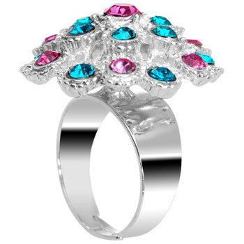 Blue Pink Gem Blossom Flower Adjustable Ring