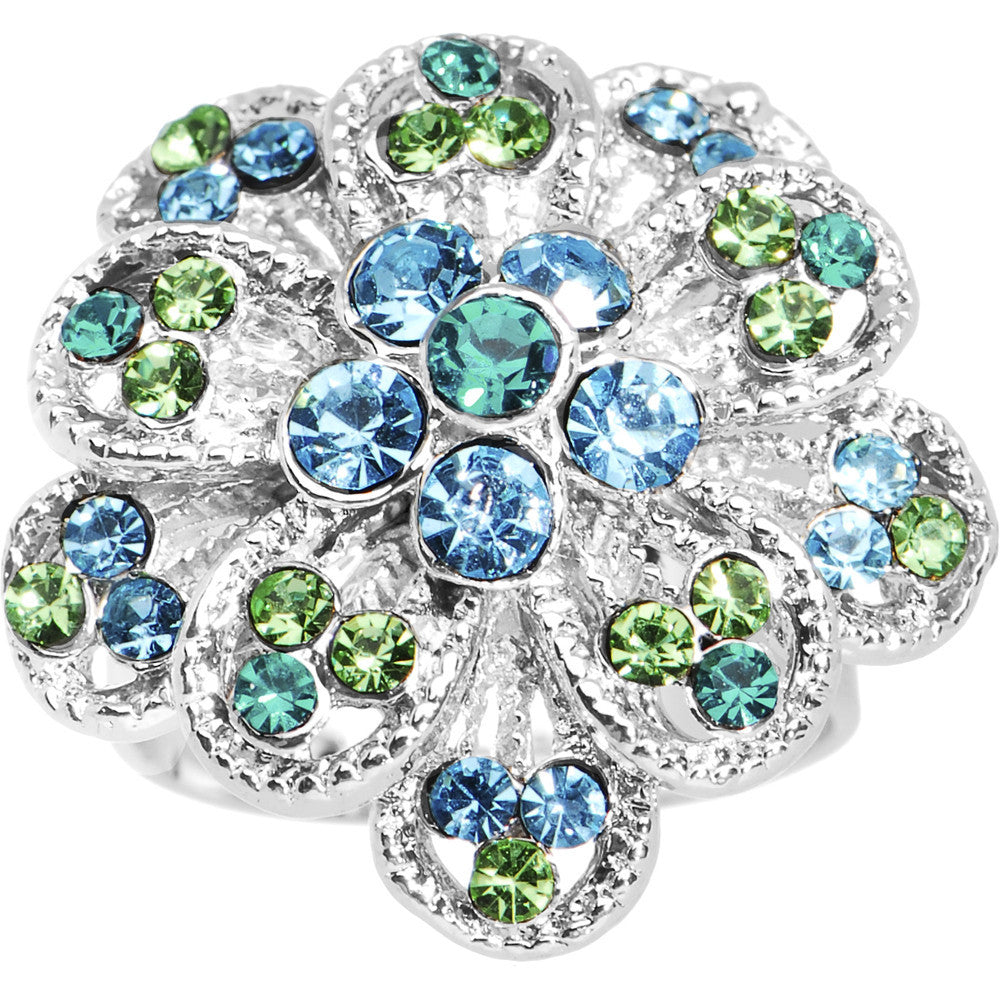 Blue Green Passionate Petals Flower Adjustable Ring