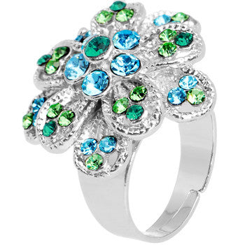 Blue Green Passionate Petals Flower Adjustable Ring