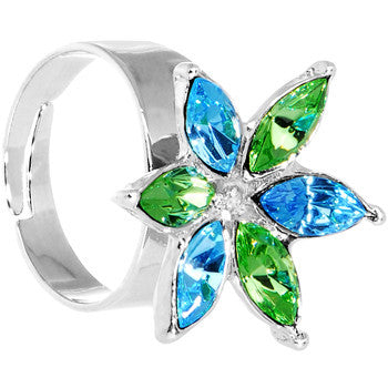 Blue Green Marquise Flower Adjustable Ring