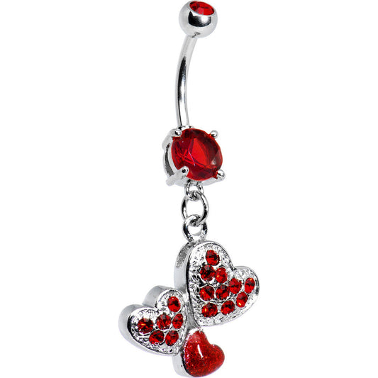 Ruby Red Gem Trio of Hearts Belly Ring