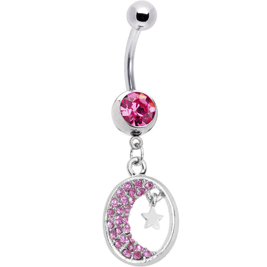 Pink Gem Celestial Crescent Moon Belly Ring