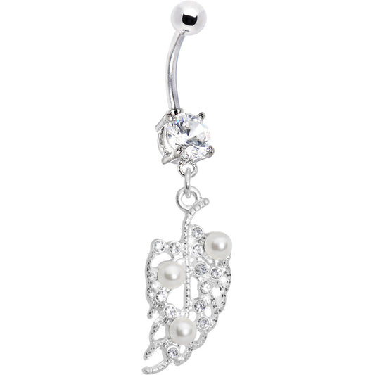 Crystalline Gem Faux Pearl Leaf Belly Ring