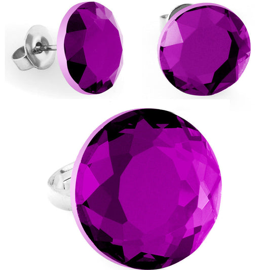 Purple Round Adjustable Ring and Stud Earring Set