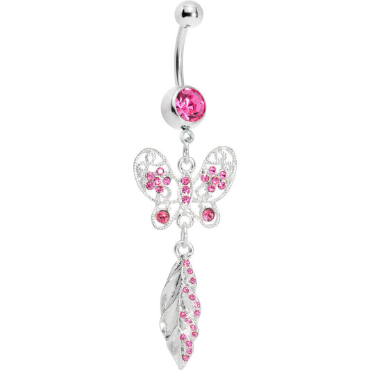 Pink Gem Butterfly Lily Leaf Belly Ring