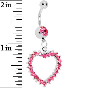 Passionate Pink Gem Paved Hollow Heart Belly Ring