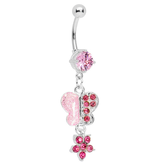 Pink Gem Paved Butterfly with Floral Dangle Belly Ring