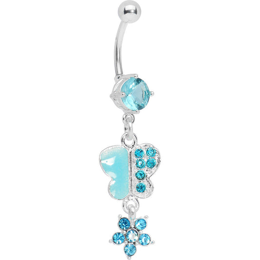 Blue Gem Paved Butterfly with Floral Dangle Belly Ring