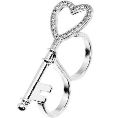 Silver Tone Crystalline Heart Shaped Skeleton Key Double Finger Ring