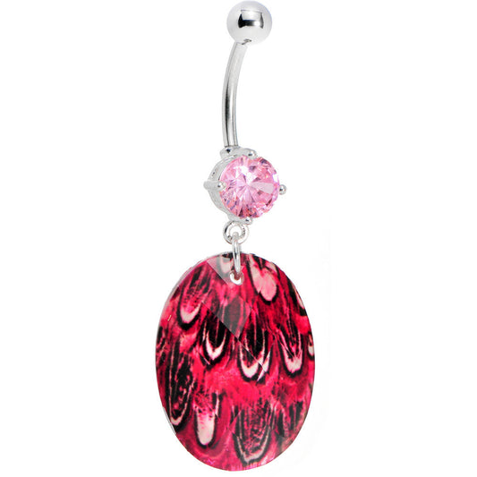 Prong Set Pink Gem Paradise Feather Oval Dangle Belly Ring