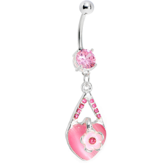 Pink Gem Heart Flower Belly Ring